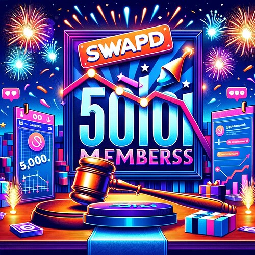 A vibrant and celebratory digital poster for SWAPD.co reaching 50,000 members. The poster includes elements like fireworks, a large '50,000 Members' i